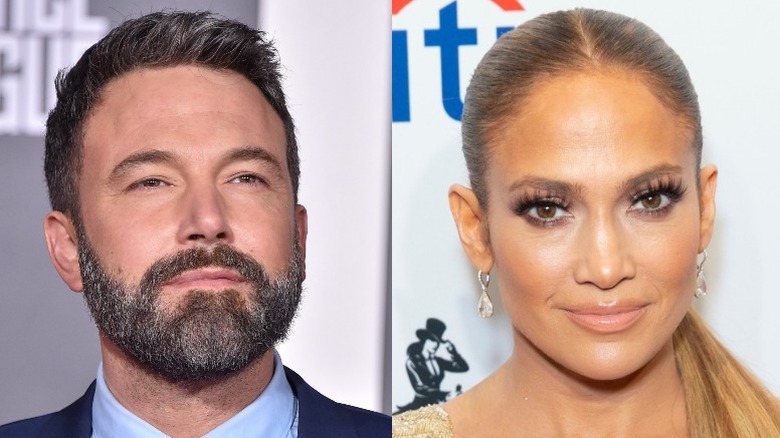 Ben Affleck smirking (left), Jennifer Lopez smirking (right)