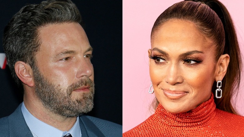 Ben Affleck smirking (left), Jennifer Lopez smiling (right) 