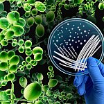 A blue gloved hand holding a petri dish showing bacterial growth, the background is black with a network of green cells