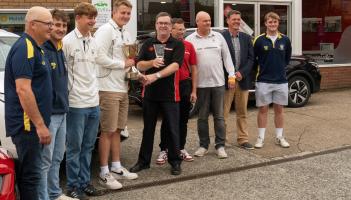 Tim Blight from the Blights Motors Division North Devon League presents Bideford captain James Greenleaf with their First Division trophy