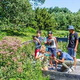 A group of children investigating pink flowers