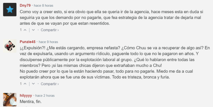 comentarios de apoyo de los fans del grupo Loona para una de sus ex integrantes Chuu