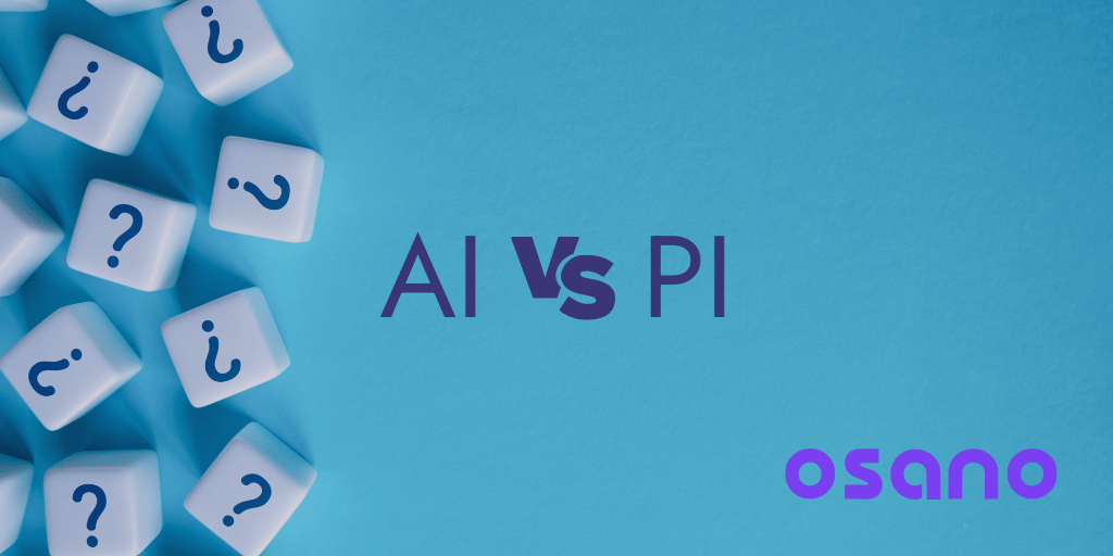 Graphic of question marks with text reading AI vs PI