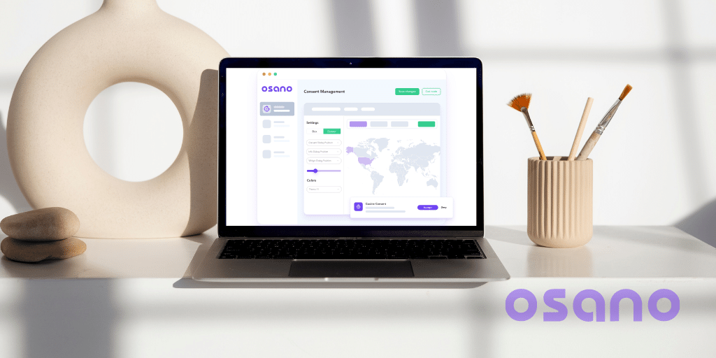 image of a laptop on a desk with the Osano consent management product on the laptop