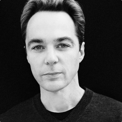 Black and white portrait of Jim Parsons.