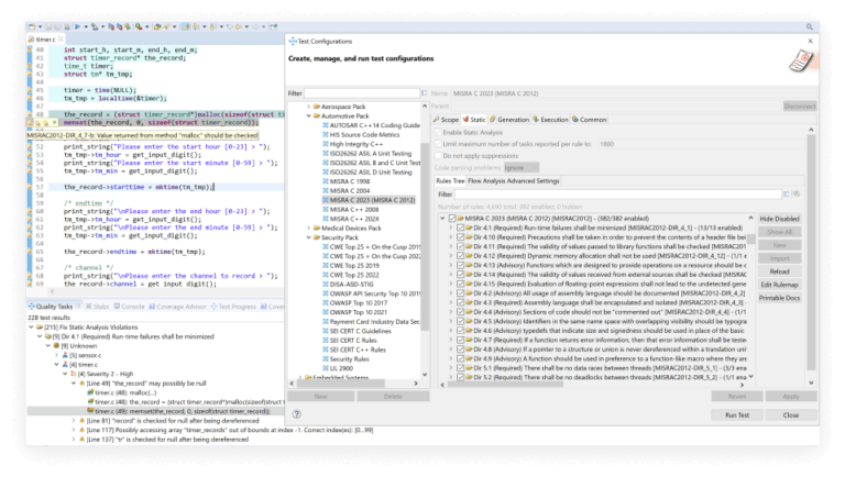 Screenshot of C/C++test Test Configurations