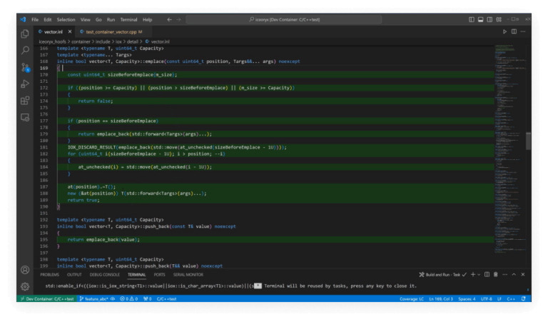 Screenshot of C/C++test dev container