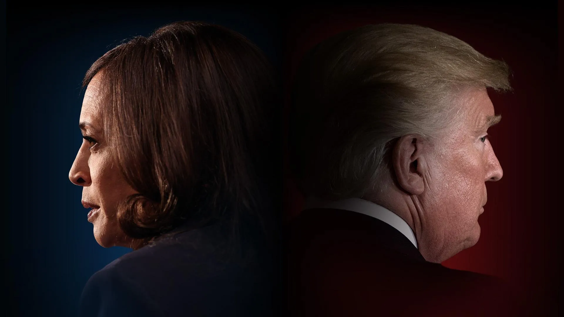 Vice President Harris faces the left side of the screen while Former President Trump faces the right