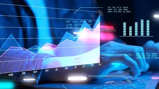 Stylized translucent chart overlayed over hands at a keyboard.