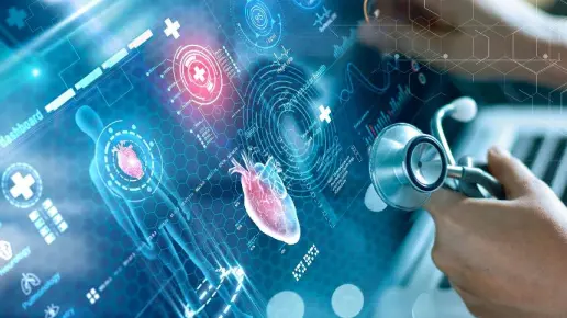 View of a doctor's hand holding a stethoscope in front of a stylized, digital display showing diagrams of a patient's heart, vitals, etc.