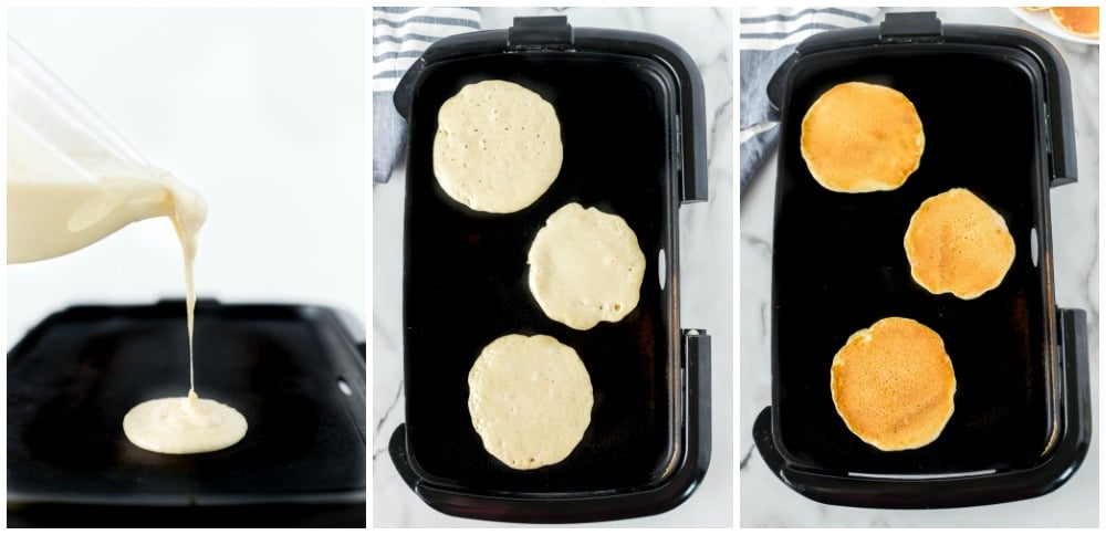 collage of three photos showing pancake batter being poured onto a griddle.