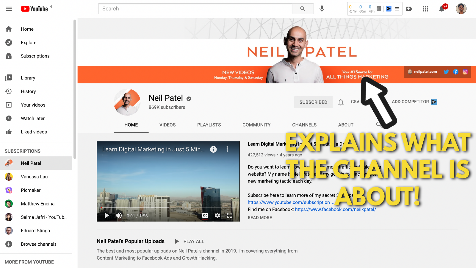 Neil Patel's Youtube banner example