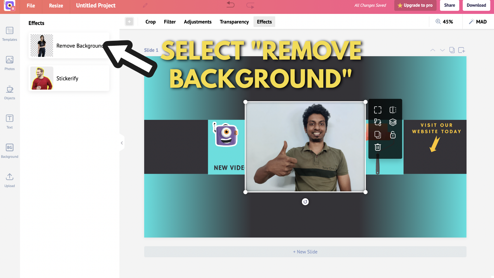 Screenshot of Picmaker's remove background option