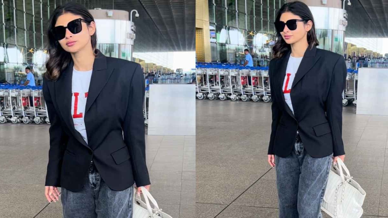 Mouni Roy, airport, Airport style, Chanel, Blazer, baggy jeans, sunglasses, Bollywood,  Style, Fashion