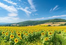 Desktop Wallpaper HD 4K with a peaceful sunflower field under a bright blue sky.