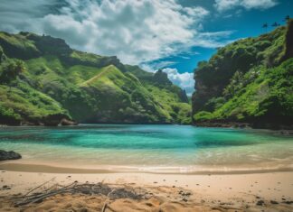 A Fiji beach cove with clear blue waters and a backdrop of lush, green mountains background.