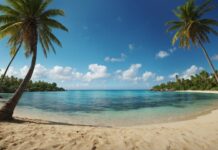 HD Desktop wallpaper with a pristine beach, palm trees swaying in the wind, and a clear blue sky stretching to the horizon.