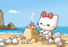 Hello Kitty at the beach, building a sandcastle with seashells and starfish around her.