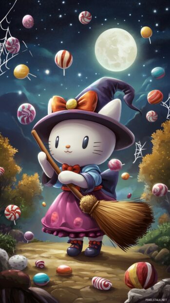 Hello Kitty dressed as a friendly witch with a broomstick, surrounded by floating candy, cobwebs, and a full moon in the night sky.