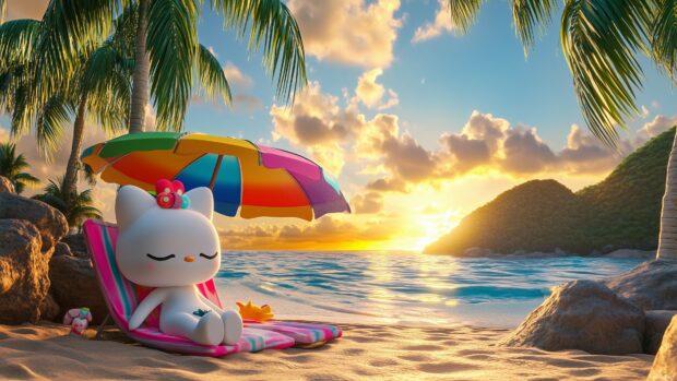 Hello Kitty enjoying a 3D animated beach scene, with a vibrant sunset, palm trees, and a colorful beach umbrella.