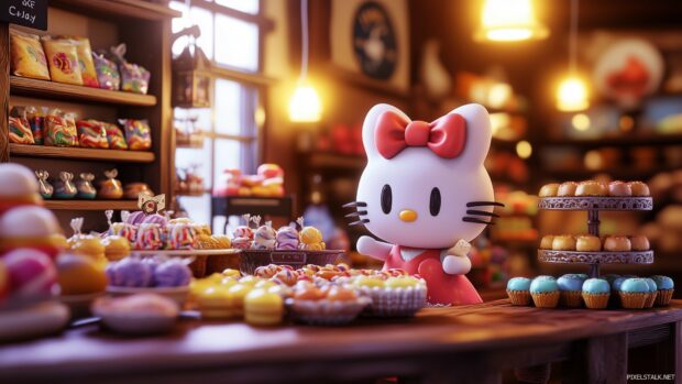 Hello Kitty in a 3D modeled candy shop, surrounded by shelves filled with colorful sweets.