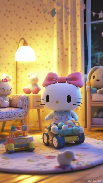 Hello Kitty in a 3D rendered cozy room with cute furniture and plush toys.