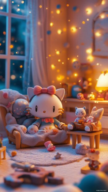 Hello Kitty in a rendered cozy room with cute furniture and plush toys.