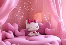 Hello Kitty sitting in a pink room filled with heart shaped cushions and soft pink curtains, with delicate sparkles floating in the air .