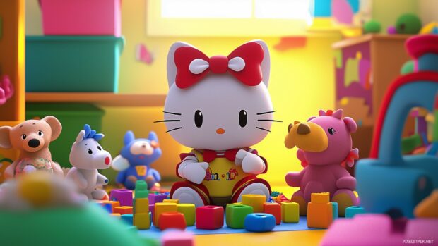 Hello Kitty surrounded by her favorite toys in a colorful playroom, with bright blocks and stuffed animals.