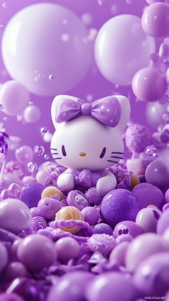 Hello Kitty surrounded by kawaii purple candy and sweets, wallpaper for iPhone.