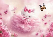 Hello Kitty wearing a pink dress with a matching bow, surrounded by pink roses and butterflies on a light pink backdrop.