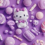 Hello Kitty with a kawaii purple umbrella, standing under a gentle purple rain with cute raindrops.