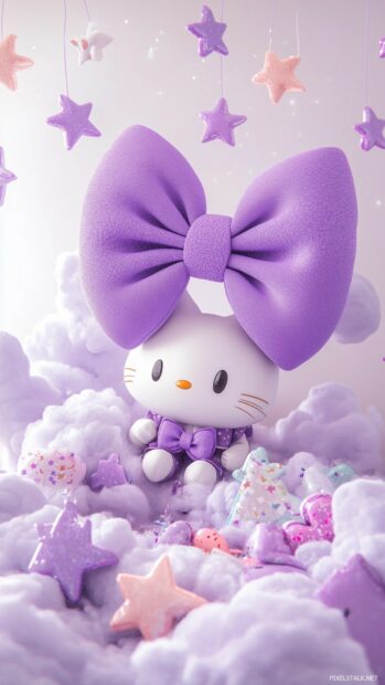 Hello Kitty with a large, purple kawaii bow, surrounded by pastel purple stars and fluffy clouds.