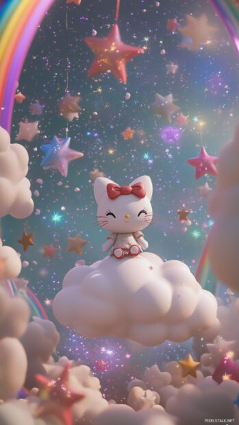 Kawaii Hello Kitty standing on a modeled floating cloud with a dreamy sky full of colorful stars and rainbows.