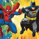 Spiderman and Batman in a superhero training session with fun, colorful backgrounds and comic book action lines.