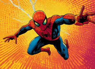 Spiderman in a colorful comic book style, leaping towards the viewer.