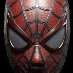 Spiderman mask with a web pattern overlay on a solid black background.