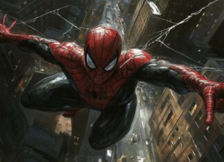 Spiderman with his arms spread wide, webbing connecting him to surrounding buildings.