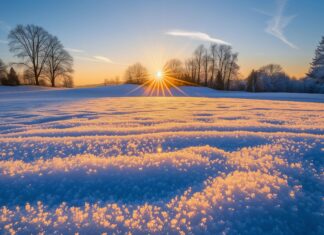 Winter sunrise casting a warm glow over snow covered fields, 4K desktop background.