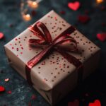 A Valentines gift box wrapped in red ribbon, surrounded by tiny heart confetti and soft fairy lights.