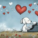 A charming image of Snoopy writing a love letter at his typewriter, surrounded by hearts and flowers, with a dreamy expression as he pens sweet words.