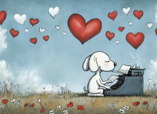 A charming image of Snoopy writing a love letter at his typewriter, surrounded by hearts and flowers, with a dreamy expression as he pens sweet words.