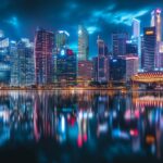 A city skyline at night with colorful reflections on the water, capturing the energy of an urban landscape.