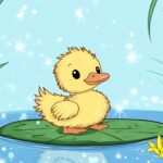 A cute baby duck with fluffy yellow feathers, sitting on a lily pad surrounded by sparkling blue water and cartoon cattails.