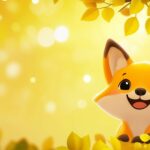 A cute laptop background features a small smiling fox peeking from behind a leafy branch.