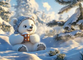 A cute polar bear cub wearing earmuffs and holding a hot chocolate, sitting in the snow with a snow covered pine tree in the background.