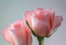 A delicate composition of pale pink roses intertwined with soft green leaves, captured in soft focus against a light pastel background.