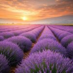 A field of vibrant lavender flowers stretching into the horizon under a glowing golden hour sky, desktop wallpaper 1920x1080 HD.