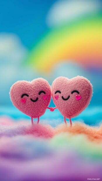 A kawaii style couple of smiling hearts with tiny faces, blushing and holding hands, set against a colorful rainbow backdrop with fluffy clouds.