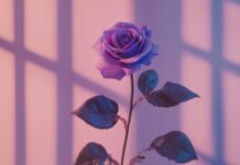 A minimalist composition showcasing a single purple rose against a blurred pastel background, highlighting its elegance.